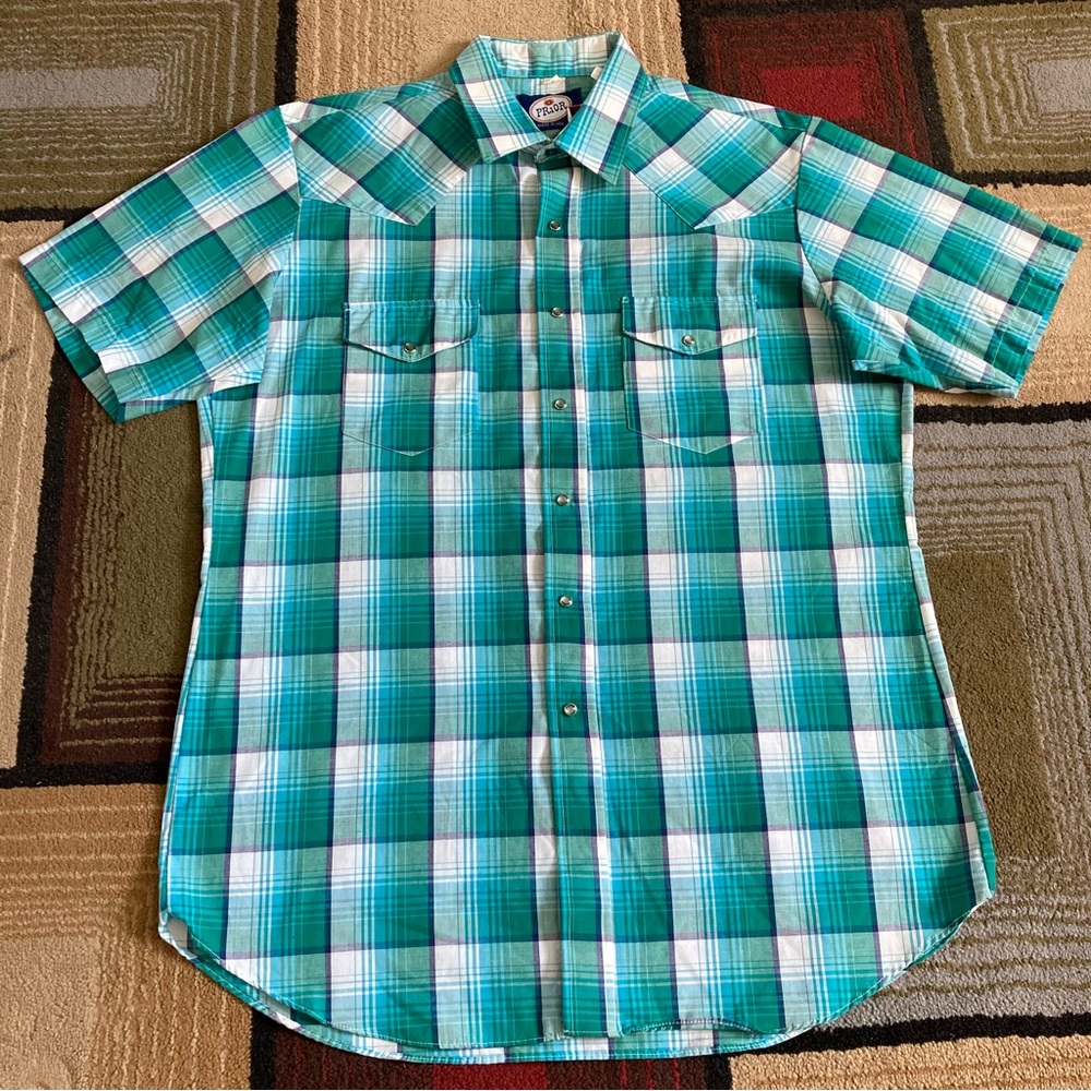 Vintage Prior Western Pearl Snap Plaid Shirt Short Sleeve Men's Size 17 USA